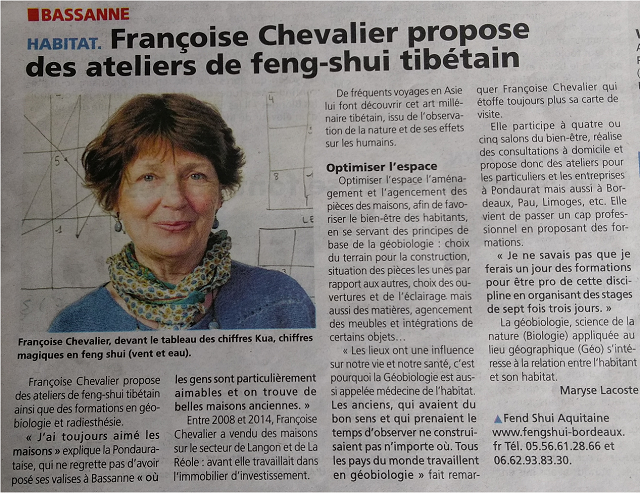Un bel article dans le journal Le Républicain pour les formations Feng Shui à Pondaurat, Sud Gironde.